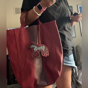 Saks Fifth Avenue Red Purse bag Tote Zebra Charm Vegan Shopper Everyday Animal